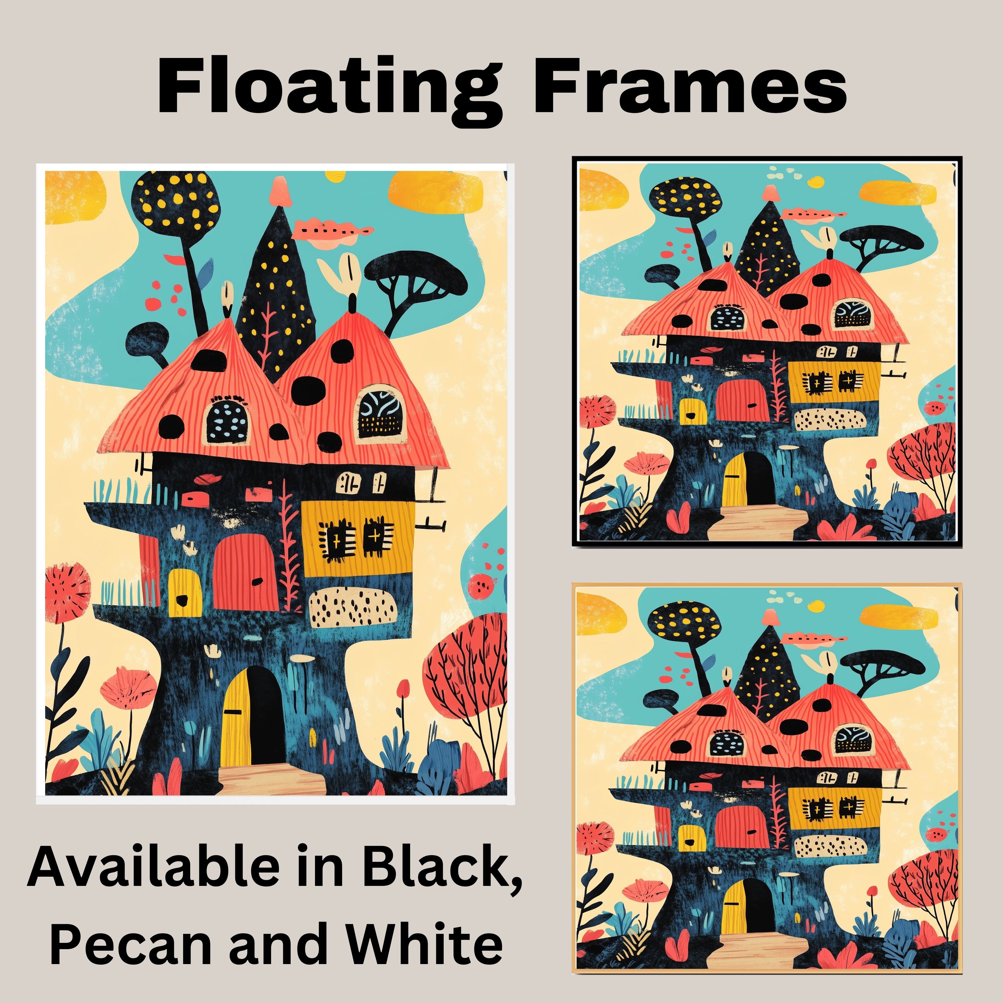 Whimsical Fantasy House with Bright Colors and Playful Mid-Century Modern Illustration Style on Ready to Hang 1.5" Thick Canvas Wrap, Floating Framed Canvas, Flat Rolled Canvas