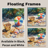 Watercolor Beach Scene with Colorful Ball, Shells, Rusty Bucket, Spade, and Tropical Foliage in the Background on Ready to Hang 1.5" Thick Canvas Wrap, Floating Framed Canvas, Flat Rolled Canvas