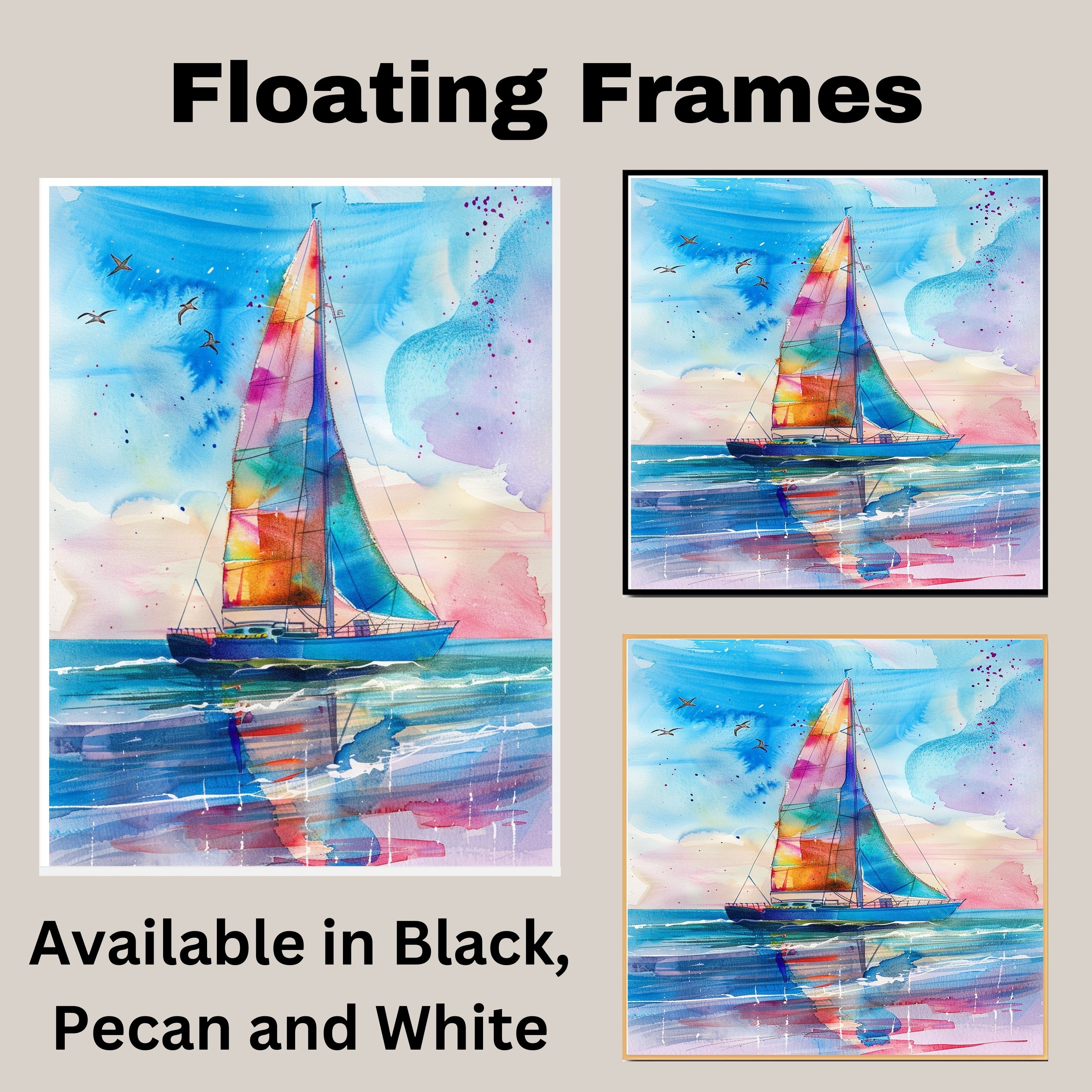 Colorful Sailboat Watercolor Painting with Ocean Reflections and Flying Birds Under Sunset Sky on Ready to Hang 1.5" Thick Canvas Wrap, Floating Framed Canvas, Flat Rolled Canvas