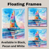 Colorful Sailboat Watercolor Painting with Ocean Reflections and Flying Birds Under Sunset Sky on Ready to Hang 1.5" Thick Canvas Wrap, Floating Framed Canvas, Flat Rolled Canvas