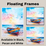 Watercolor Painting of Colorful Wooden Boat on Sandy Shore with Ocean View and Bright Sky in Soft Blue Pink and Yellow Tones on Ready to Hang 1.5" Thick Canvas Wrap, Floating Framed Canvas, Flat Rolled Canvas