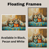 Painting of Two Adorable Kittens in Pajamas Sitting Side by Side on a Colorful Couch with Big Green Eyes and Cute Expressions in a Cozy Whimsical Scene on Ready to Hang 1.5" Thick Canvas Wrap, Floating Framed Canvas, Flat Rolled Canvas