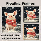 "Winter Cuddle Pig" - Pig in Red Scarf Cozy in Snow on Ready to Hang 1.5" Thick Canvas Wrap, Floating Framed Canvas, Flat Rolled Canvas