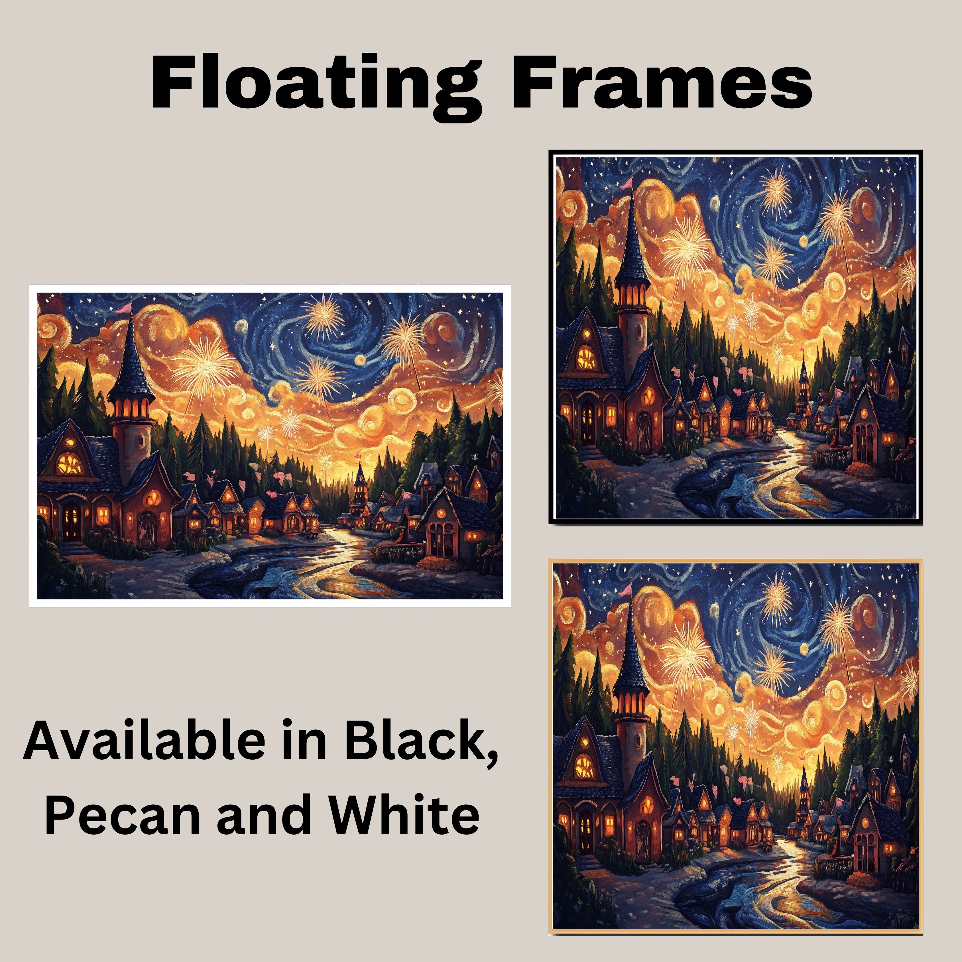 Enchanting 4th of July Village with Fireworks and Swirling Starry Sky, Glowing Cottages and Flags in a Whimsical Nighttime Celebration of Light and Freedom on Ready to Hang 1.5" Thick Canvas Wrap, Floating Framed Canvas, Flat Rolled Canvas