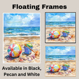 Watercolor Beach Scene with Colorful Ball Blue Bucket Shells and Shovel on Sandy Shore with Ocean Waves and Bright Sky on Ready to Hang 1.5" Thick Canvas Wrap, Floating Framed Canvas, Flat Rolled Canvas