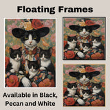 Elegant Blooms: Tuxedo Cat Mom in Victorian Attire with Three Kittens on Ready to Hang 1.5" Thick Canvas Wrap, Floating Framed Canvas, Flat Rolled Canvas