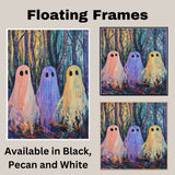 Three Colorful Ghosts in a Vibrant Abstract Forest, Spooky Yet Playful Halloween-Inspired Scene with Bold Brushstrokes and Bright Neon Paint Textures on Ready to Hang 1.5" Thick Canvas Wrap, Floating Framed Canvas, Flat Rolled Canvas