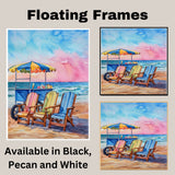Watercolor Painting of an Ice Cream Cart and Colorful Chairs on the Beach on Ready to Hang 1.5" Thick Canvas Wrap, Floating Framed Canvas, Flat Rolled Canvas