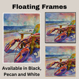 Watercolor Painting of a Vibrant Lobster Relaxing in a Beach Chair by the Ocean Shore with Colorful Sunset Sky on Ready to Hang 1.5" Thick Canvas Wrap, Floating Framed Canvas, Flat Rolled Canvas
