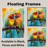 Colorful Lovebird Pair in Abstract Impressionist Style with Vibrant Tropical Hues Sitting on a Branch Against a Bright Blue and Yellow Background on Ready to Hang 1.5" Thick Canvas Wrap, Floating Framed Canvas, Flat Rolled Canvas