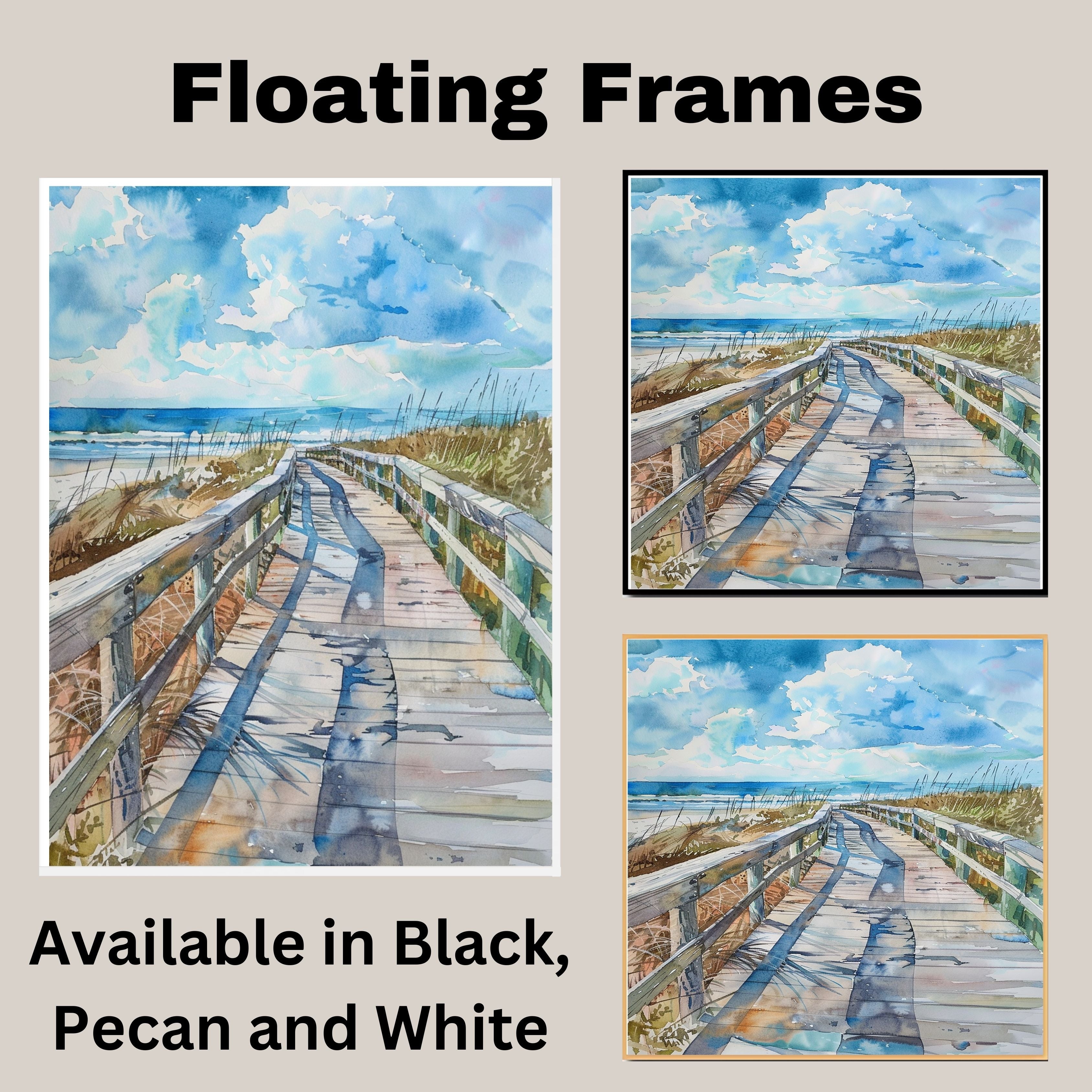 Curved Coastal Boardwalk Watercolor Painting – Beach Pathway with Ocean View and Sky on Ready to Hang 1.5" Thick Canvas Wrap, Floating Framed Canvas, Flat Rolled Canvas