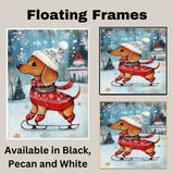 Whimsical Dachshund Dog Ice Skating in Red Holiday Sweater and Festive Hat Adorable Winter Christmas Art for Dog Lovers and Seasonal Home Décor on Ready to Hang 1.5" Thick Canvas Wrap, Floating Framed Canvas, Flat Rolled Canvas