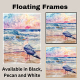 Serene Watercolor Painting of a Seagull by the Ocean with Gentle Waves and Colorful Sunset Sky in a Peaceful Beach Scene on Ready to Hang 1.5" Thick Canvas Wrap, Floating Framed Canvas, Flat Rolled Canvas
