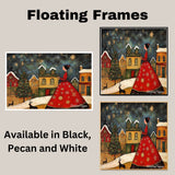 Elegant Christmas Folk Art with Lady in Red Gown, Snowy Village, Reindeer, Starry Sky, and Decorated Tree at Night on Ready to Hang 1.5" Thick Canvas Wrap, Floating Framed Canvas, Flat Rolled Canvas