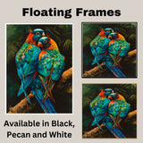 Striking Parrot Pair Artwork Featuring Vibrant Blue and Orange Feathers with Tropical Details Perched on a Branch Against a Lush Dark Jungle Background on Ready to Hang 1.5" Thick Canvas Wrap, Floating Framed Canvas, Flat Rolled Canvas
