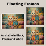 Painting of Two Cute Kittens Sitting Side by Side in Colorful Pajamas with Big Eyes and Soft Fur on a Cozy Bed Surrounded by Pastel Colors and Whimsical Textures on Ready to Hang 1.5" Thick Canvas Wrap, Floating Framed Canvas, Flat Rolled Canvas