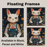 Whimsical White Cat in Floral Overalls Hand Painted Art Starry Night Background Perfect for Nursery Kids Room Home Wall Decor Bedroom or Animal Lovers Gift on Ready to Hang 1.5" Thick Canvas Wrap, Floating Framed Canvas, Flat Rolled Canvas