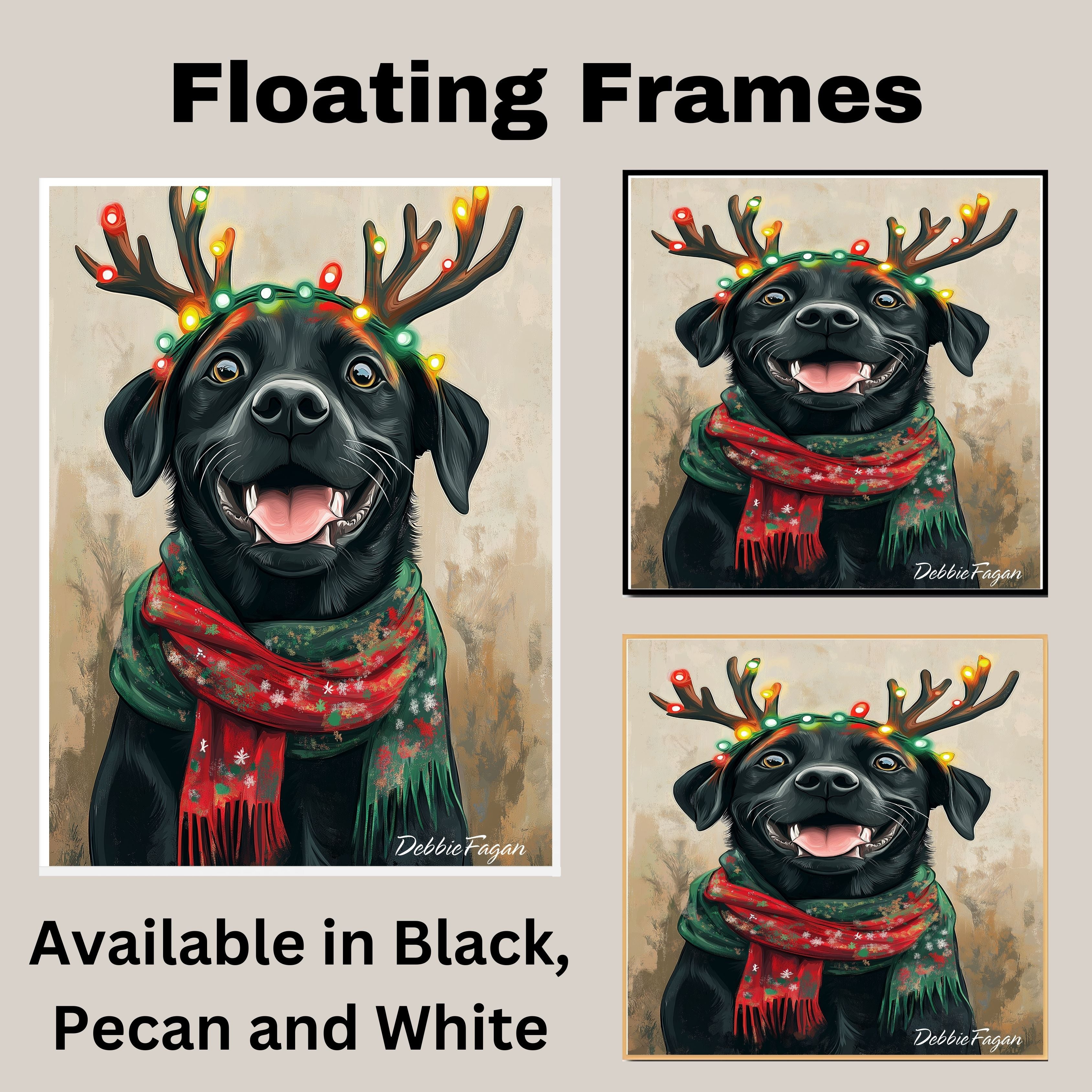 "Rustic Noel" - Black Labrador Dog with Festive Antlers & Cozy Scarf on Rustic Canvas, Ready to Hang 1.5" Thick Canvas Wrap, Floating Framed Canvas, Flat Rolled Canvas