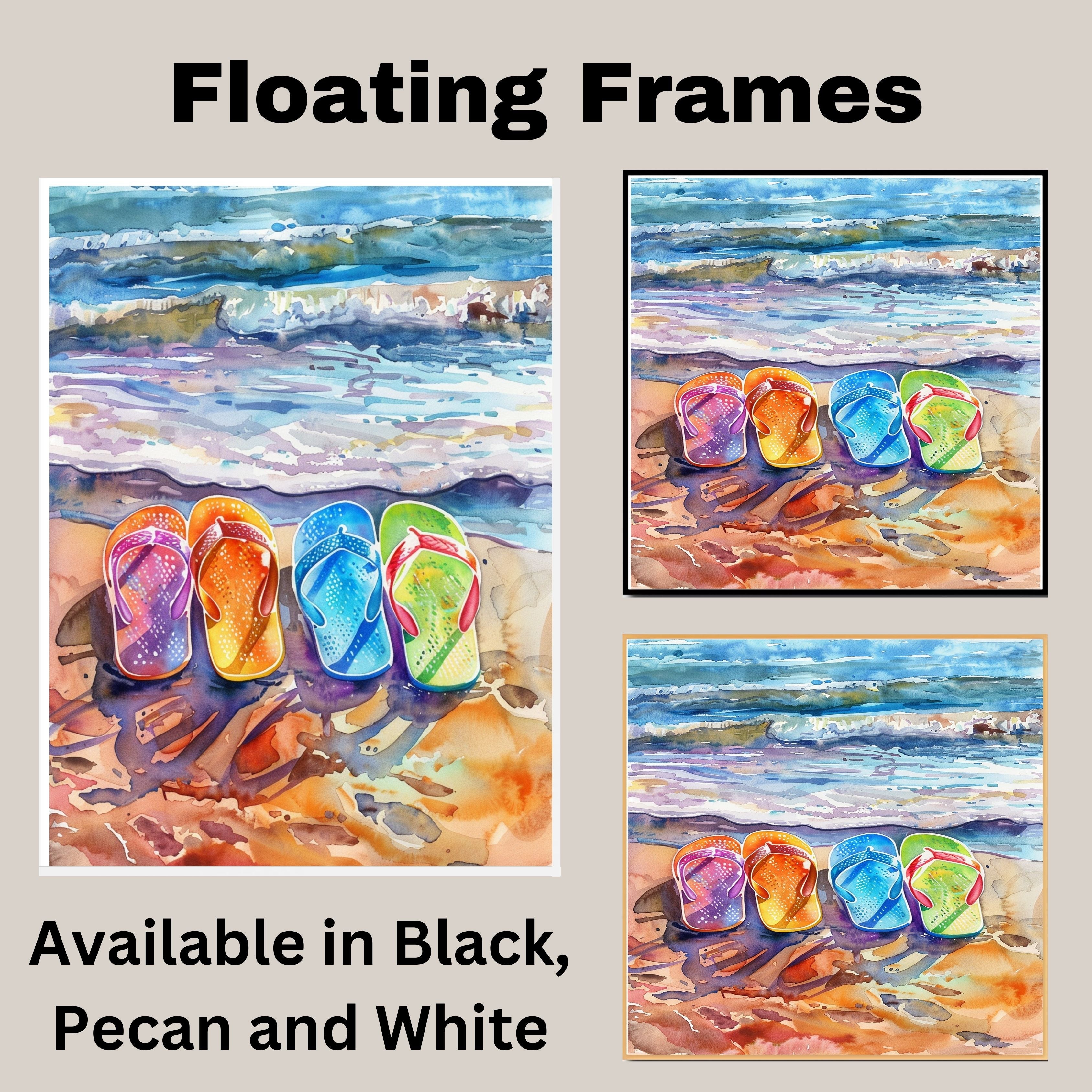 Colorful Flip Flops on a Sunset Beach with Ocean Waves and Reflections in Watercolor Coastal Summer Art on Ready to Hang 1.5" Thick Canvas Wrap, Floating Framed Canvas, Flat Rolled Canvas