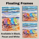Colorful Flip Flops on a Sunset Beach with Ocean Waves and Reflections in Watercolor Coastal Summer Art on Ready to Hang 1.5" Thick Canvas Wrap, Floating Framed Canvas, Flat Rolled Canvas