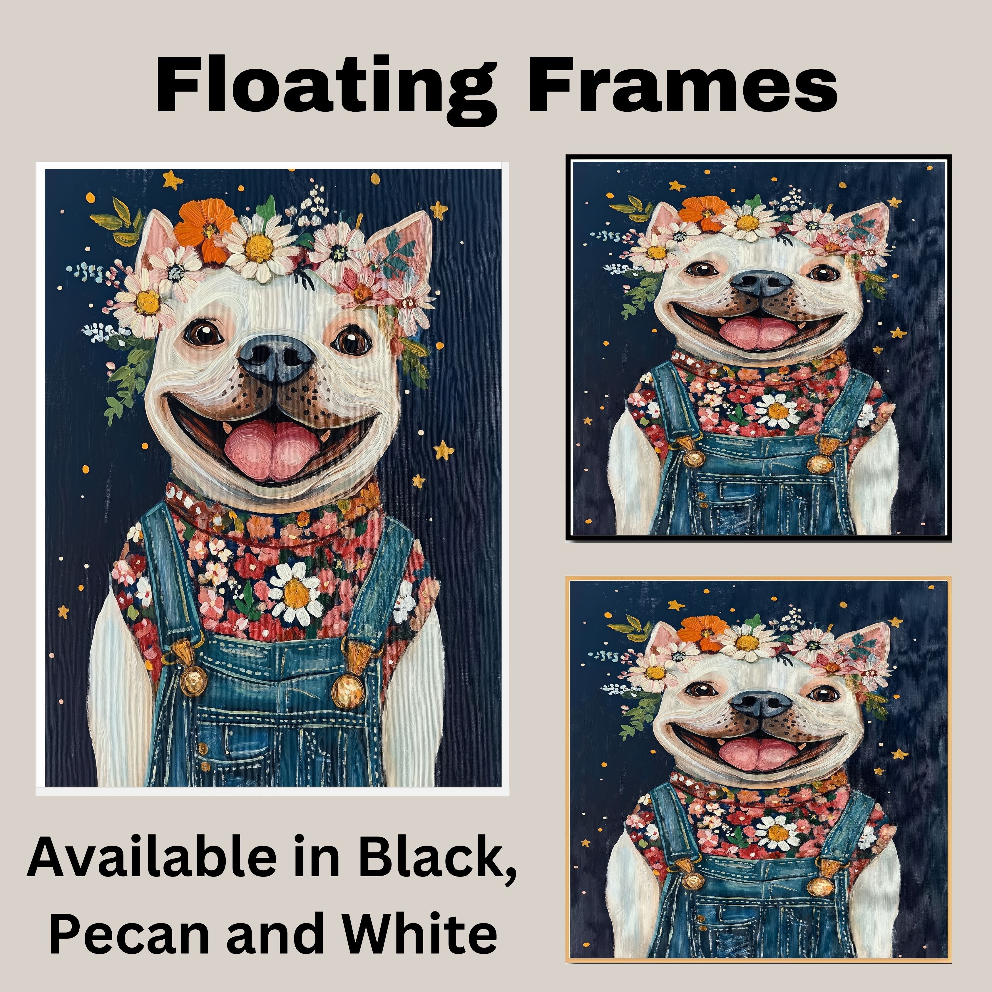 Happy White Dog Wearing Overalls and Floral Shirt Whimsical Farmhouse Art Perfect for Nursery Bedroom Living Room Dog Lover Gift Rustic Home Decor on Ready to Hang 1.5" Thick Canvas Wrap, Floating Framed Canvas, Flat Rolled Canvas