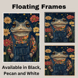 Whimsical Toad Art Print Frog in Floral Shirt Overalls Cute Animal Painting for Nursery Kids Room Nature Inspired Decor Night Sky Theme Frog Artwork on Ready to Hang 1.5" Thick Canvas Wrap, Floating Framed Canvas, Flat Rolled Canvas
