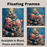 Two Baby Piglets in Scarves Sharing Cocoa on Christmas Tree Surrounded by Snowy Ornaments and Star Topper Holiday Art Print for Nursery or Winter Decor on Ready to Hang 1.5" Thick Canvas Wrap, Floating Framed Canvas, Flat Rolled Canvas