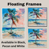 Vibrant Palm Tree by the Sea Watercolor Painting with Colorful Sunset Sky on Ready to Hang 1.5" Thick Canvas Wrap, Floating Framed Canvas, Flat Rolled Canvas