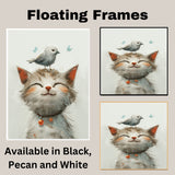 Delightful Painting of a Smiling Kitten with a White Bird on Its Head and Bells on Its Collar Perfect for Whimsical Decor or Gifts for Cat and Animal Lovers on Ready to Hang 1.5" Thick Canvas Wrap, Floating Framed Canvas, Flat Rolled Canvas
