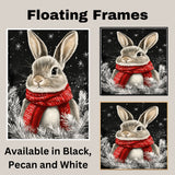 "Cozy Snow Bunny" - Bunny in Red Scarf Sitting in Winter Snow on Ready to Hang 1.5" Thick Canvas Wrap, Floating Framed Canvas, Flat Rolled Canvas