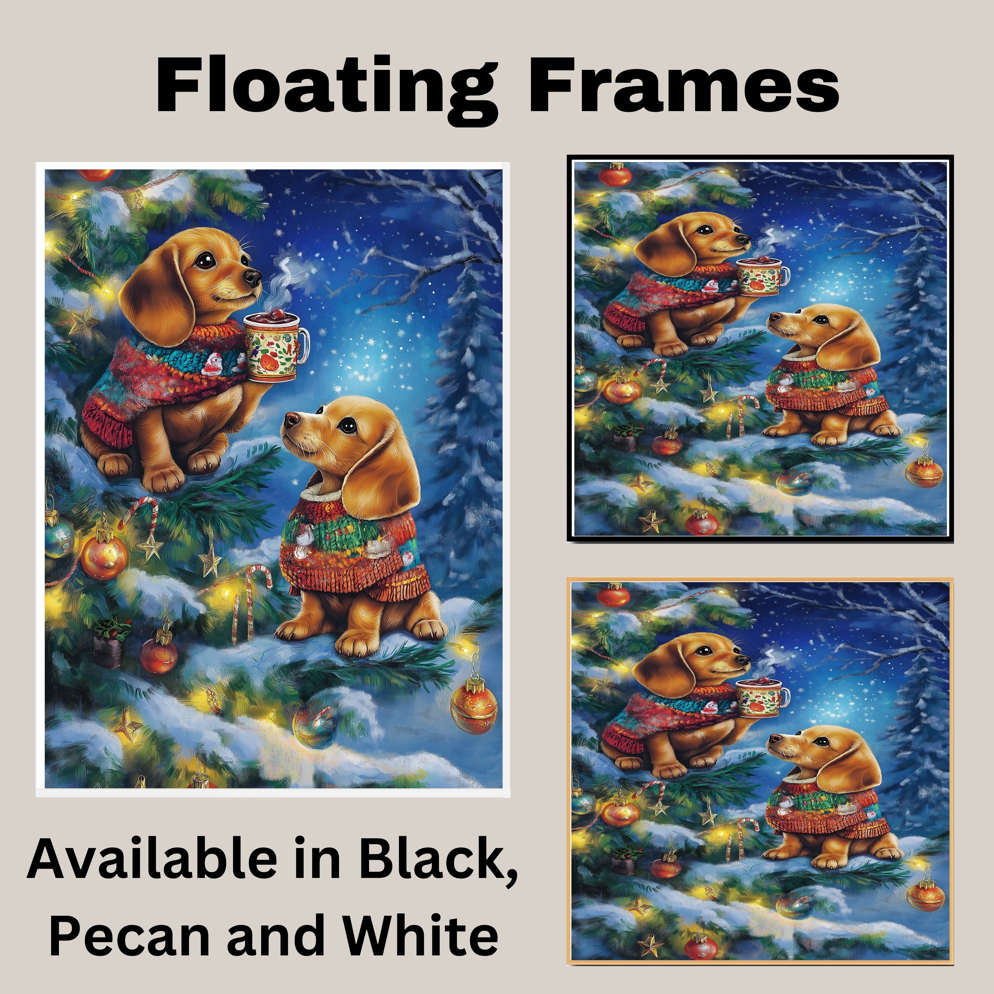 Christmas Dachshund Puppies in Festive Sweaters with Hot Cocoa and Ornaments in a Snowy Night Scene Art Print for Holiday Home or Nursery Display on Ready to Hang 1.5" Thick Canvas Wrap, Floating Framed Canvas, Flat Rolled Canvas
