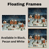 Christmas Folk Art Scene with Snowy Village, Lit Windows, Decorated Trees, and Families Celebrating Under Snowfall on Ready to Hang 1.5" Thick Canvas Wrap, Floating Framed Canvas, Flat Rolled Canvas