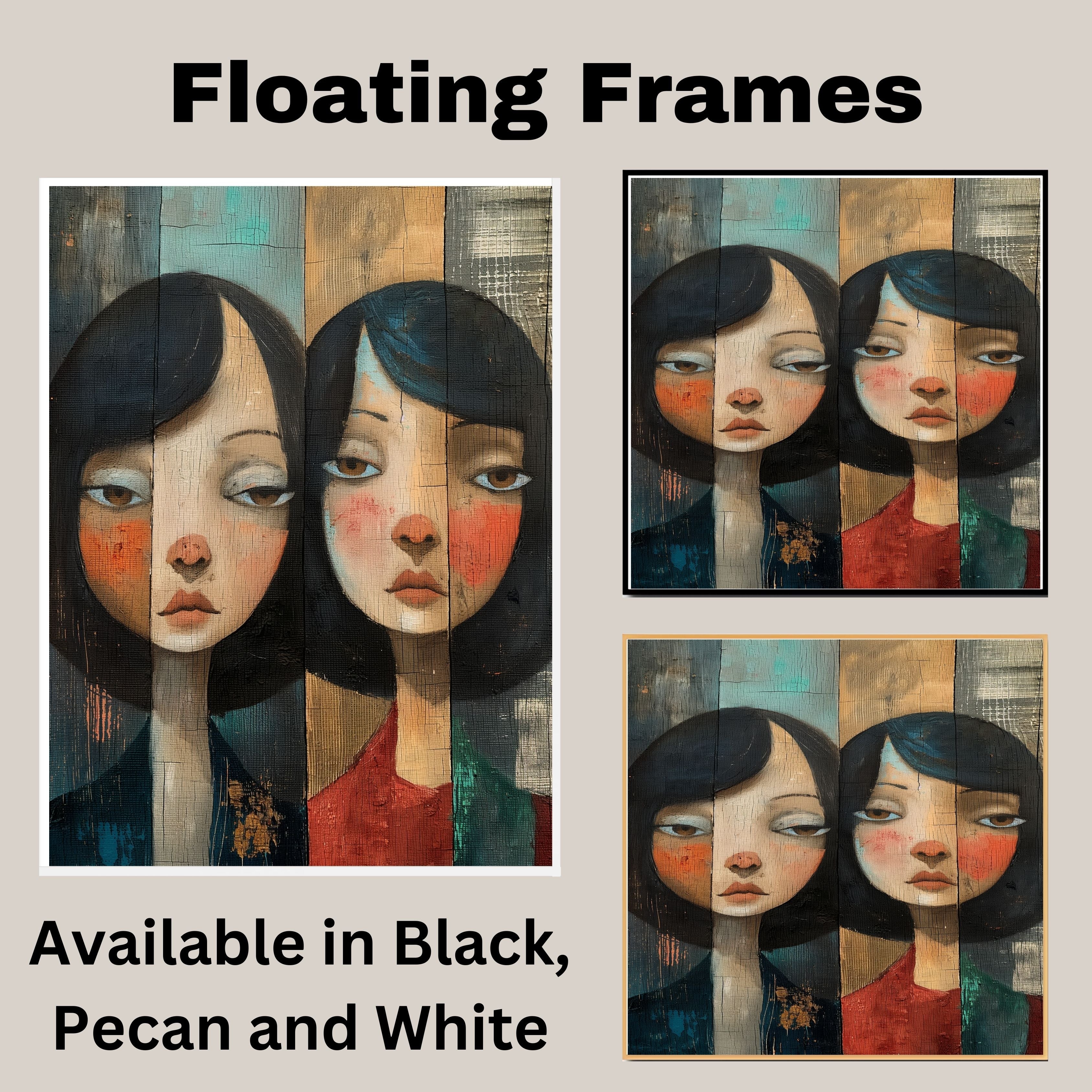 Moody Portrait of Two Girls Expressive Hand Painted Art Rustic Wood Texture Emotional and Thoughtful Wall Decor Perfect for Home Living Room or Office on Ready to Hang 1.5" Thick Canvas Wrap, Floating Framed Canvas, Flat Rolled Canvas