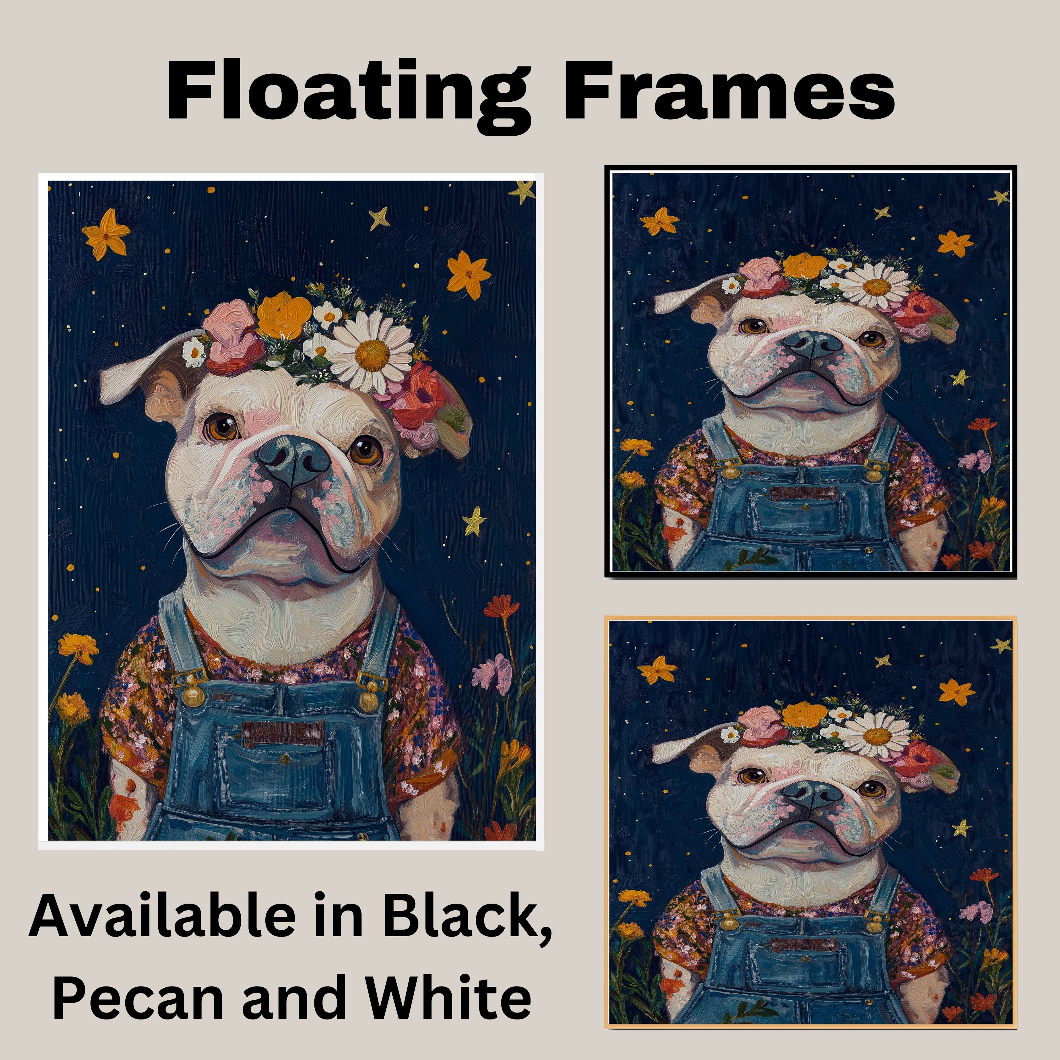 Cute Plump Dog in Overalls Painting Adorable Floral Crown Pup Artwork Perfect for Cozy Home Office Nursery Dog Lovers Wall Decor Gift for Pet and Art Enthusiasts on Ready to Hang 1.5" Thick Canvas Wrap, Floating Framed Canvas, Flat Rolled Canvas