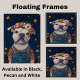 Cute Plump Dog in Overalls Painting Adorable Floral Crown Pup Artwork Perfect for Cozy Home Office Nursery Dog Lovers Wall Decor Gift for Pet and Art Enthusiasts on Ready to Hang 1.5" Thick Canvas Wrap, Floating Framed Canvas, Flat Rolled Canvas