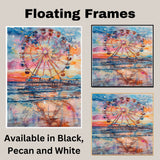 Watercolor Painting of a Ferris Wheel on a Pier at Sunset with Ocean Reflections and Vibrant Sky in Coastal Theme on Ready to Hang 1.5" Thick Canvas Wrap, Floating Framed Canvas, Flat Rolled Canvas