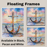 Watercolor Painting of a Multicolored Anchor on the Beach at Sunset with Ocean Waves and Vibrant Sky Background on Ready to Hang 1.5" Thick Canvas Wrap, Floating Framed Canvas, Flat Rolled Canvas