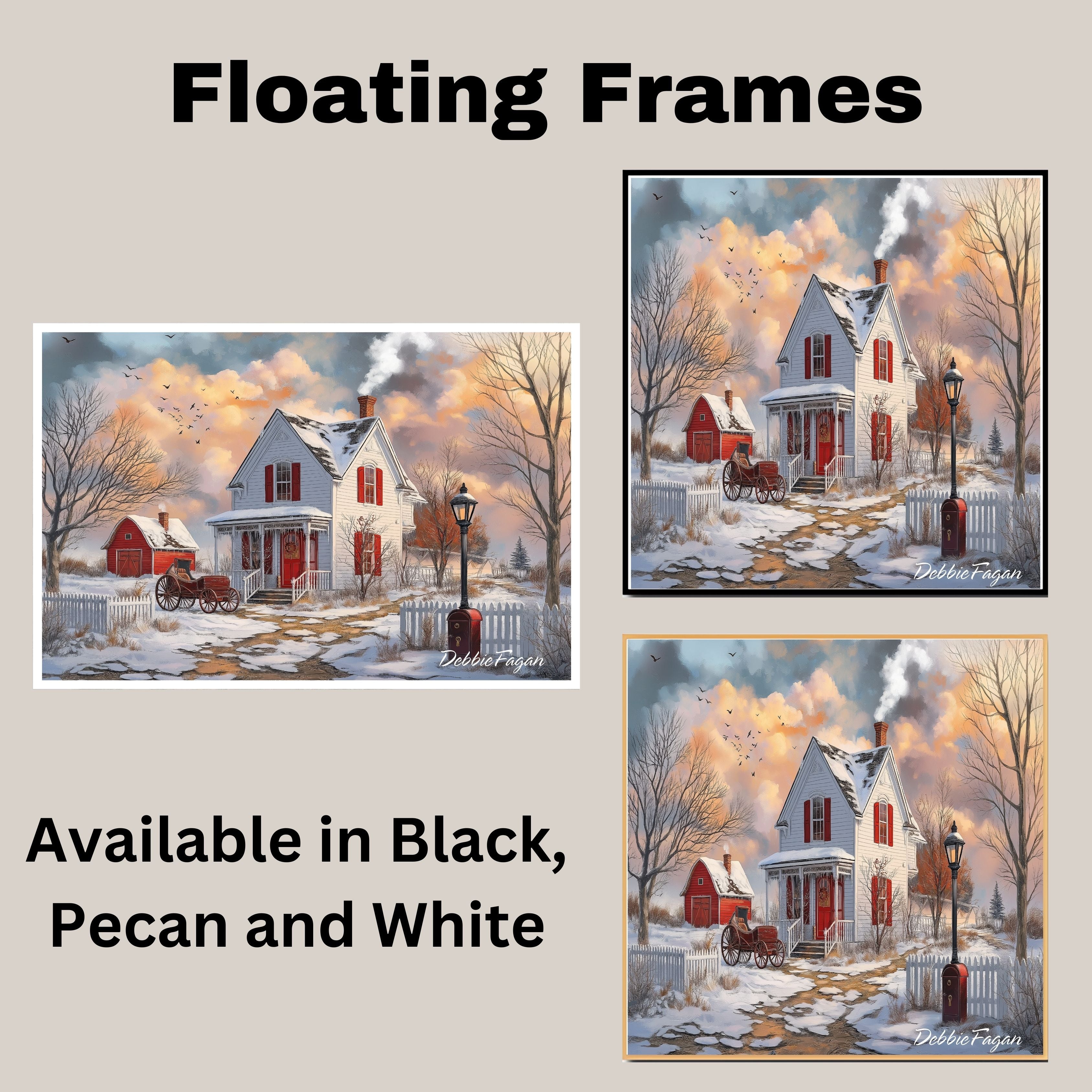 Winter White Farmhouse – Cozy Snow-Covered Country Home with Red Barn and Sleigh Wall Art Print on Ready to Hang 1.5" Thick Canvas Wrap, Floating Framed Canvas, Flat Rolled Canvas