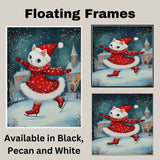 Christmas Wall Art Featuring White Cat Ice Skating in Red Snowflake Outfit Whimsical Holiday Illustration for Cozy Winter Decor and Animal Lovers on Ready to Hang 1.5" Thick Canvas Wrap, Floating Framed Canvas, Flat Rolled Canvas