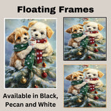 Two Baby Puppies in Red and Green Scarves Sharing Cocoa on Snowy Christmas Tree with Ornaments Holiday Art Print for Nursery or Cozy Winter Wall Decor on Ready to Hang 1.5" Thick Canvas Wrap, Floating Framed Canvas, Flat Rolled Canvas