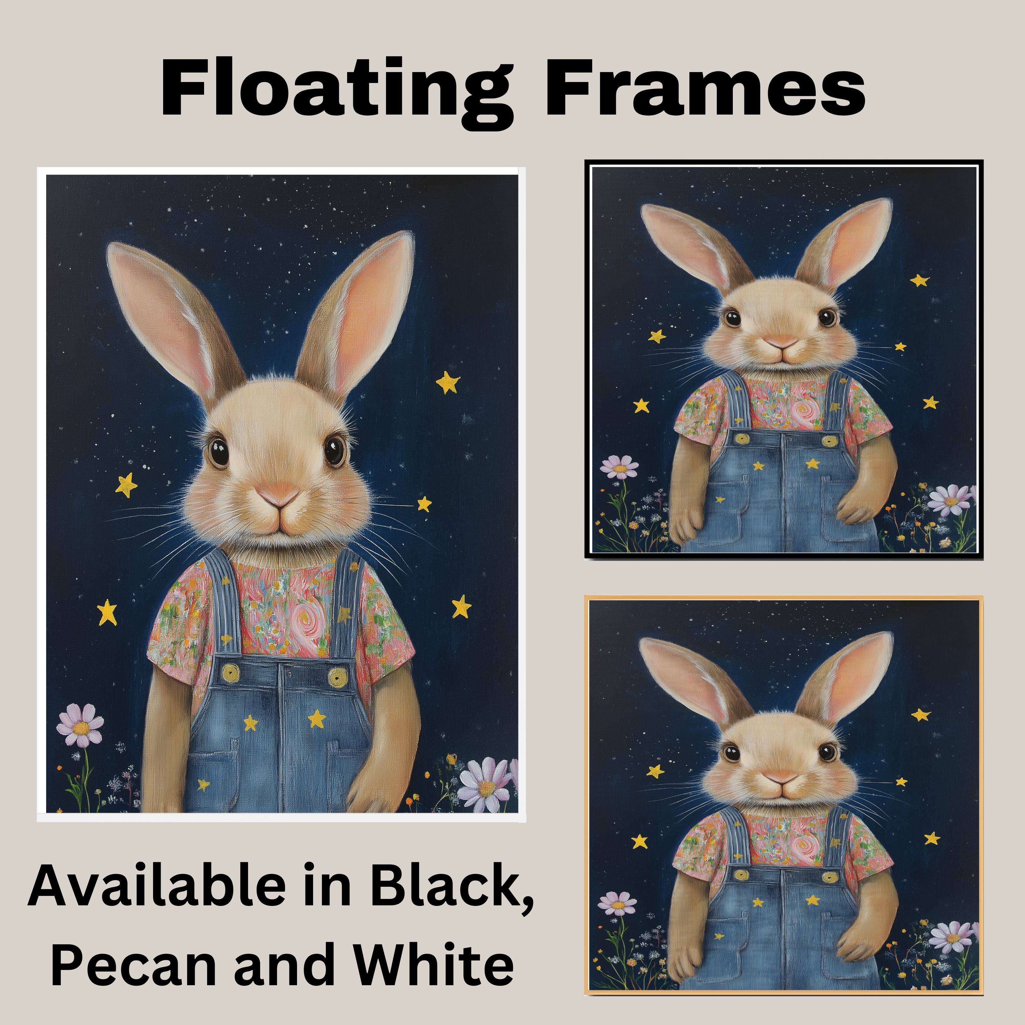 Cute Bunny in Overalls with Floral Shirt Hand Painted Art Whimsical Starry Night Scene Perfect for Home Wall Decor Nursery Kids Room Bedroom or Gift on Ready to Hang 1.5" Thick Canvas Wrap, Floating Framed Canvas, Flat Rolled Canvas