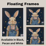 Cute Bunny in Overalls with Floral Shirt Hand Painted Art Whimsical Starry Night Scene Perfect for Home Wall Decor Nursery Kids Room Bedroom or Gift on Ready to Hang 1.5" Thick Canvas Wrap, Floating Framed Canvas, Flat Rolled Canvas