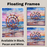Watercolor Painting of Nautical Ship Wheel on Ocean Shore with Colorful Sunset and Waves in Vibrant Blue Pink and Amber Tones on Ready to Hang 1.5" Thick Canvas Wrap, Floating Framed Canvas, Flat Rolled Canvas