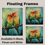 Vibrant Parrot Pair Artwork Featuring Orange Green and Yellow Plumage with Blue Highlights on a Branch Against an Abstract Teal and Textured Background on Ready to Hang 1.5" Thick Canvas Wrap, Floating Framed Canvas, Flat Rolled Canvas