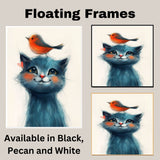 Charming Blue Cat with Orange Bird on Head Whimsical Animal Artwork for Nursery Kids Room and Pet Lovers Perfect Gift for Cat and Bird Enthusiasts on Ready to Hang 1.5" Thick Canvas Wrap, Floating Framed Canvas, Flat Rolled Canvas