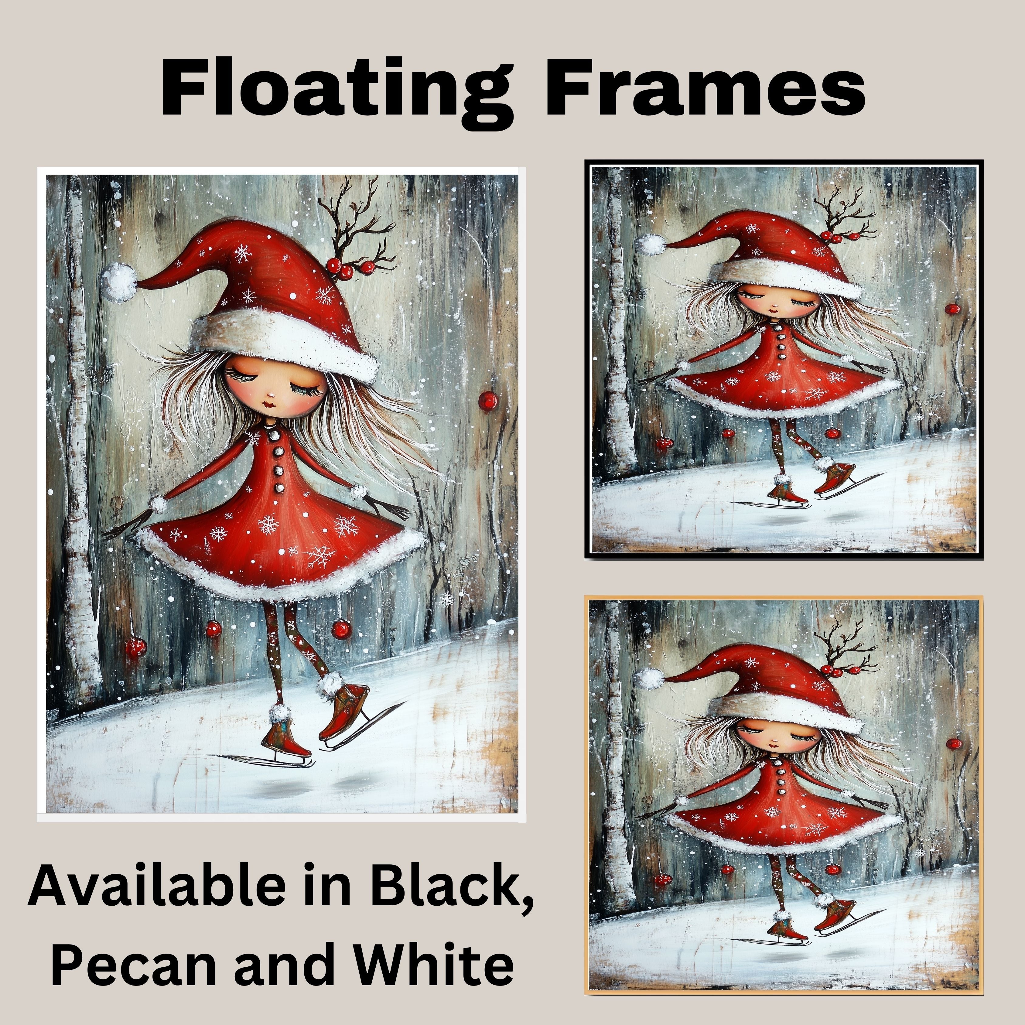 Christmas Witch Ice Skating Print – Whimsical Red Dress & Antler Hat Holiday Art, Winter Fairy Girl Wall Decor, Enchanted Snow Scene for Kids Room or Nursery on Ready to Hang 1.5" Thick Canvas Wrap, Floating Framed Canvas, Flat Rolled Canvas