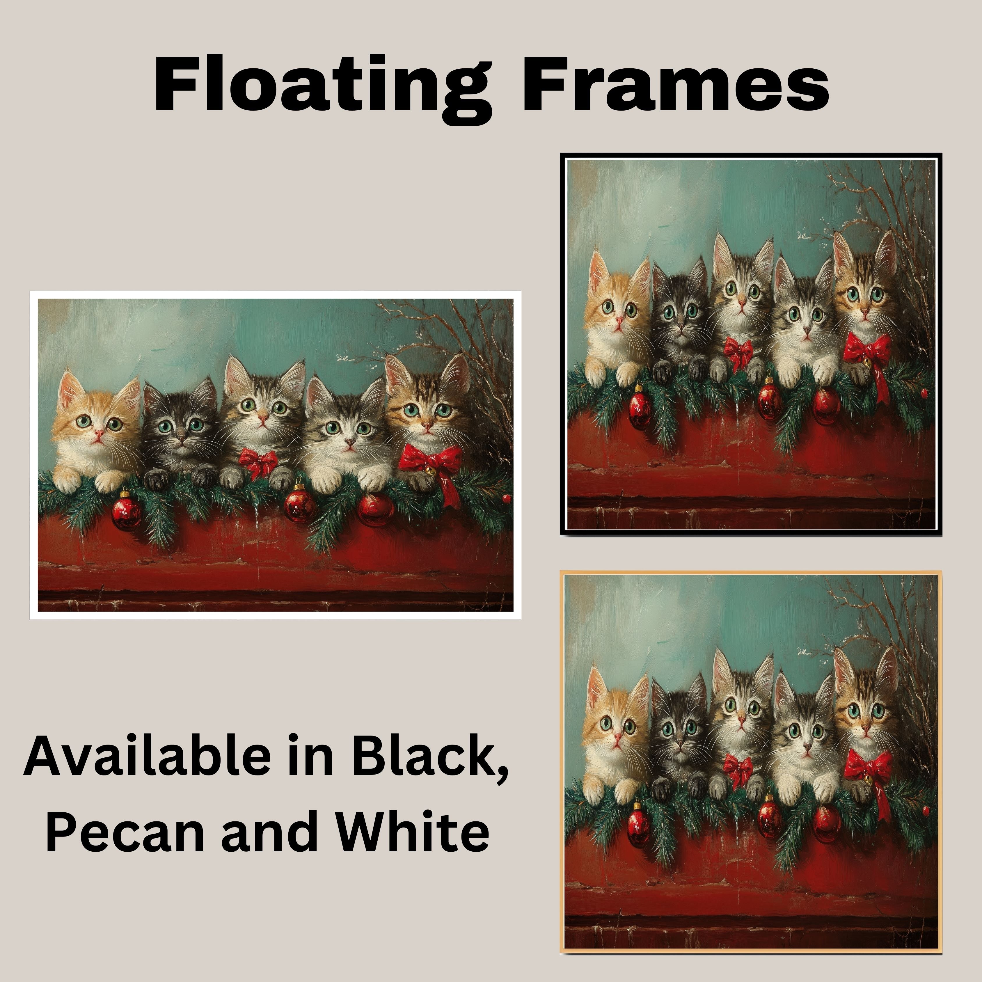 "Retro Christmas Charm: Five Adorable Kittens" Vintage-Style Holiday Scene on Ready to Hang 1.5" Thick Canvas Wrap, Floating Framed Canvas, Flat Rolled Canvas