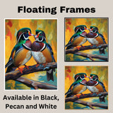 Mandarin Duck Pair in Vibrant Plumage Sitting on Branch Against Bold Yellow Artistic Backdrop Ideal for Wildlife Enthusiasts and Nature-Inspired Spaces on Ready to Hang 1.5" Thick Canvas Wrap, Floating Framed Canvas, Flat Rolled Canvas