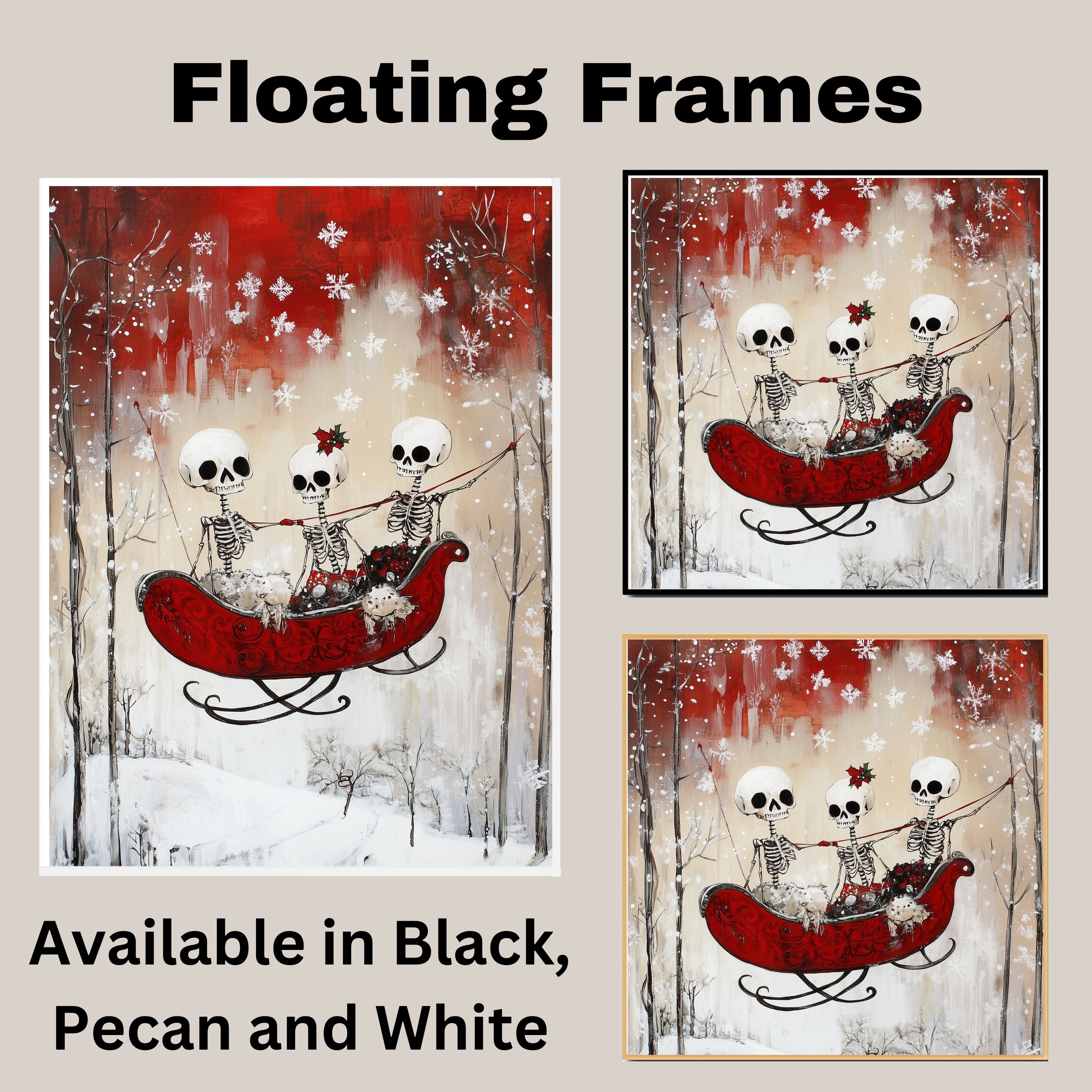 Whimsical Skeleton Sleigh Ride Christmas Art Print – Gothic Winter Wonderland Wall Decor with Skeleton Friends, Red Sleigh, Snowy Trees & Holiday Florals on Ready to Hang 1.5" Thick Canvas Wrap, Floating Framed Canvas, Flat Rolled Canvas