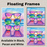 Watercolor Art of Three Vibrant Sunglasses Reflecting Ocean Sunset on a Tropical Beach in Summer Colors on Ready to Hang 1.5" Thick Canvas Wrap, Floating Framed Canvas, Flat Rolled Canvas